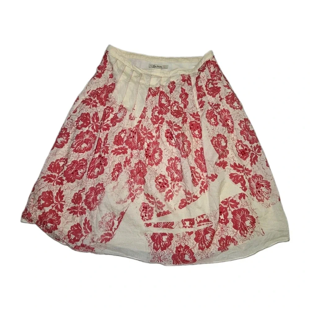 Free People Red Beige‎ Floral Skirt Women's Size 2 Boho Cottagecore Prairie